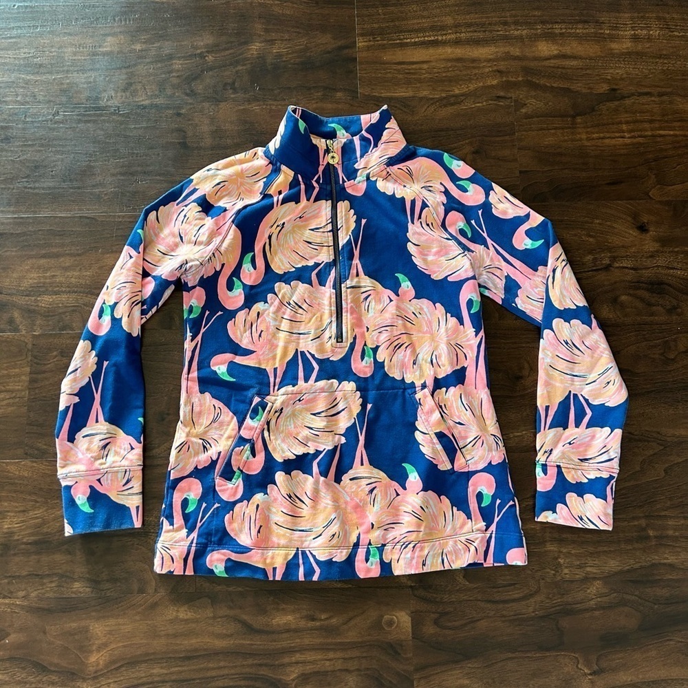 Lilly Pulitzer Skipper Popover 1/2 Zip 
Gimme Some Leg Flamingo Blue Pink 
Small